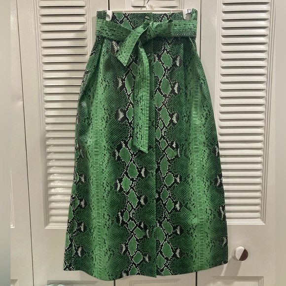 BEAUTIFUL ZARA GREEN VEGAN LEATHER SNAKE PRINT BUTTON DOWN A-LINE SKIRT LG NWT - Picture 2 of 9